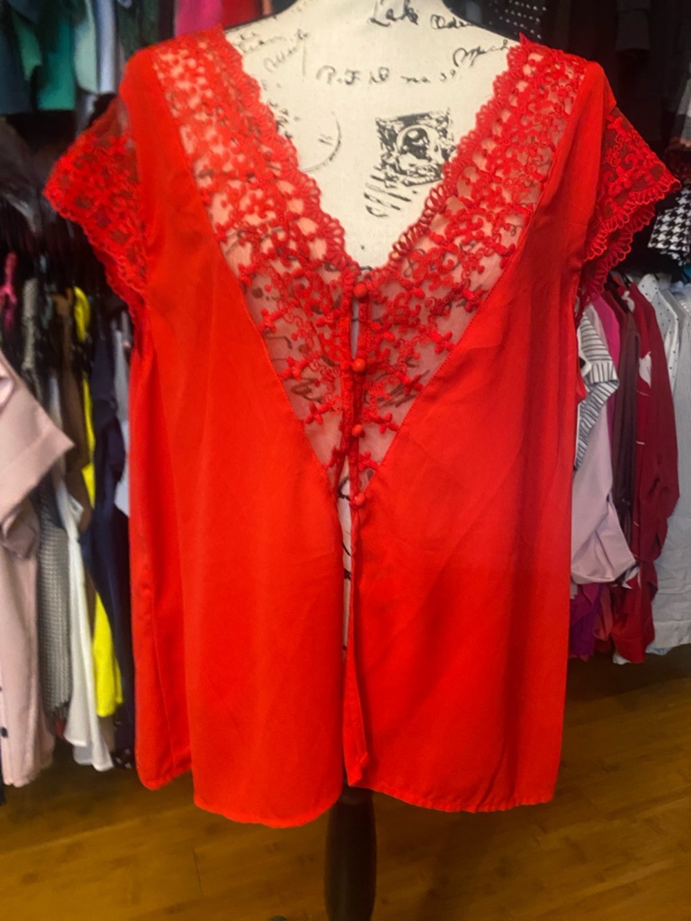 SHEIN Red Lace Crochet V-Neck Short Sleeve Top
